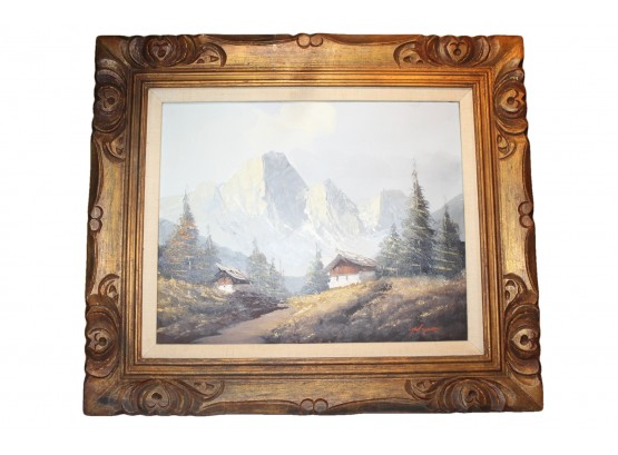 Beautiful Framed Mountain Scene Signed Oil On Canvas