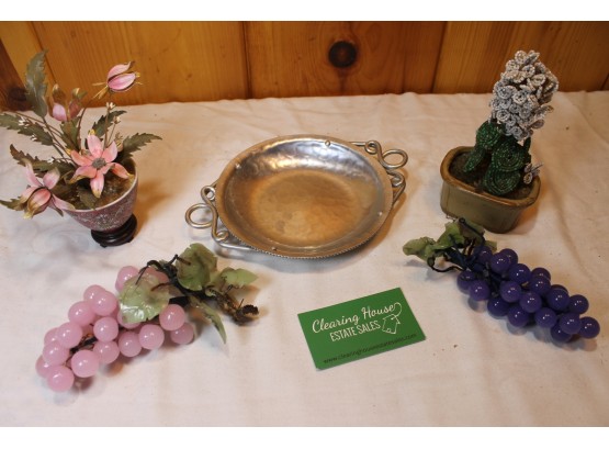 Retro Collection Of Glass/stone & Metal Fruit, Beaded Faux Flower Pot, Asian Metal Flower & B.W. Buenilum Tray