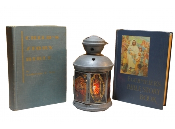 Group Of Religious Items Including 2 Bible's And Metal Votive Lantern With Religious Relief's
