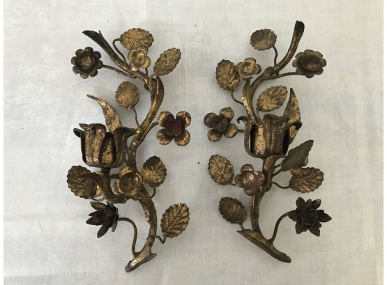 Vintage Metal Gold Colored Candle Wall Sconces