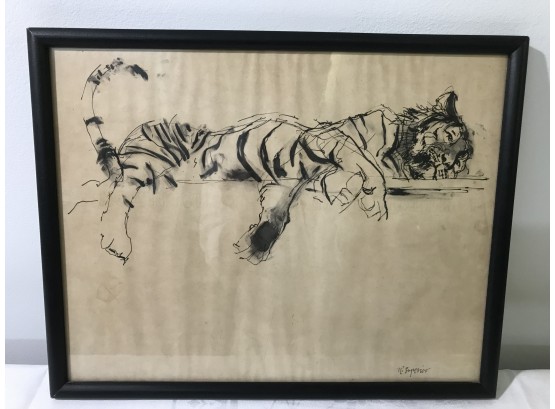 Vintage Original Ink And Wash Tiger Drawing R. Superior Signed