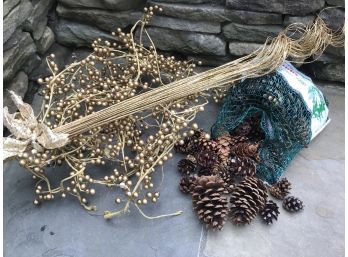 A Lot Of Sparkly Decorative Christmas Items - Pine Cones, Gold Garland & Curly Twigs