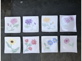 Hand Painted Square Ceramic Plates With Flowers (8 Plates) - (See Other Lot)