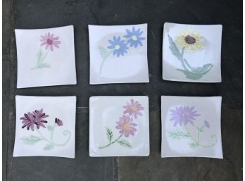 Grouping Of 6 Ceramic Square Plates With Hand Painted Flowers