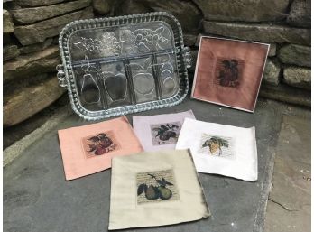 Really Nice Depression Glass Hostess Serving Platter With Fruit And Silk Coasters