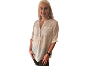 DKNY White Blouse With Roll-Up Sleeves, Size S