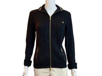 RALPH LAUREN Zip-Front Black/Gold Chorded Sweater, Size M/L (RETAIL $238.00)