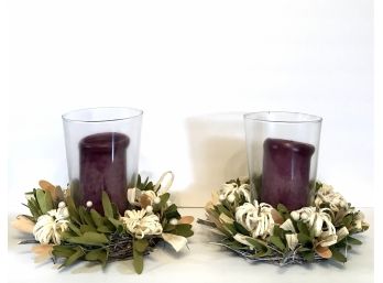 Pair - Burgundy Candles Set In Green And White Floral Bases With Glass Shades