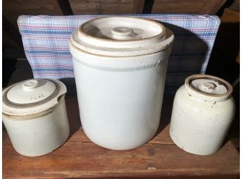 Three Vintage Crock Pots With Lids