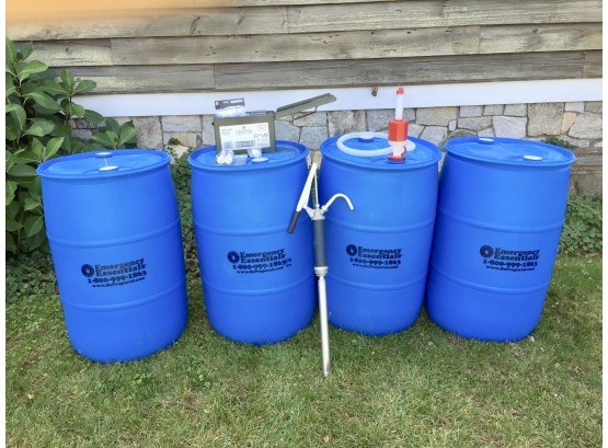 Four Emergency Essentials Blue 55 Gallon Potable Water Storage Barrels With Accessories