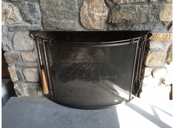 Custom Made Semi Circle Wrought BIron Fireplace Screen With Tools That Hang On The Edge Plus Heavy Duty Grate
