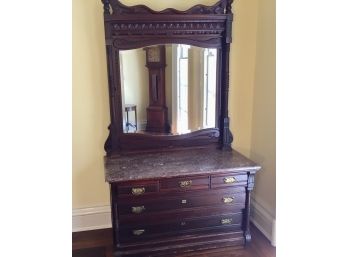 Marble Top Five Drawer Chest With Carved Wood Frame Beveled Glass Mirror On Top