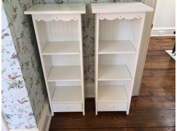 Pair Of White Two Shelf Bookcases With Single Lower Drawer