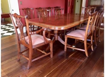 Custom Made George III Double Pedestal Banded Hardwood Dining Table And Ten Chairs