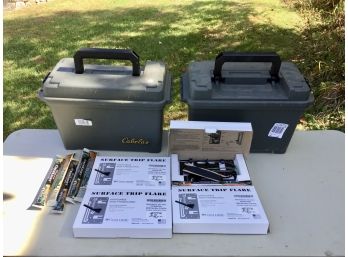 Two Cabelas Plastic Ammo Boxes With Chem Lights And Surface Trip Flare Rigs