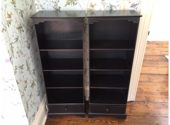 Pair Of Black Three Fixed Shelf Bookcases With Single Drawer