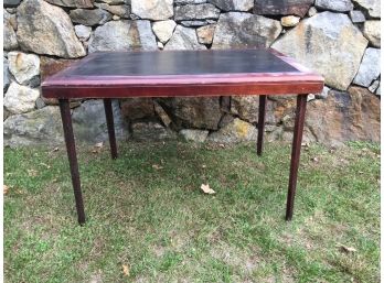 Vintage Style Wooden Fold Leg Table With Faux Leather Top Surface