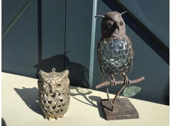 Pair Of Metal And Glass Owl Form Candle Holders