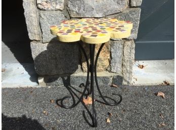 End Table With Vintage Soda Bottle Caps Embedded Into Plaster Top