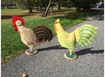 Pair Of Folk Art Tin Roosters