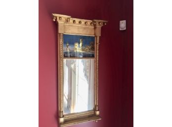 Molded Gilt Frame Wall Mirror With Hand Painted Waterfront Scene