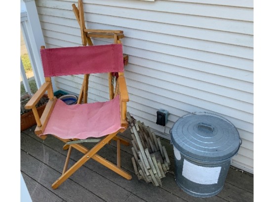 2 Director Chairs, Wood Basket & Steel Trash Can
