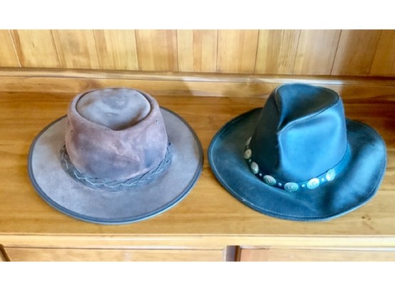 2 Hats ~ 1 Leather Henschel XL & 1 Brown Suede ~