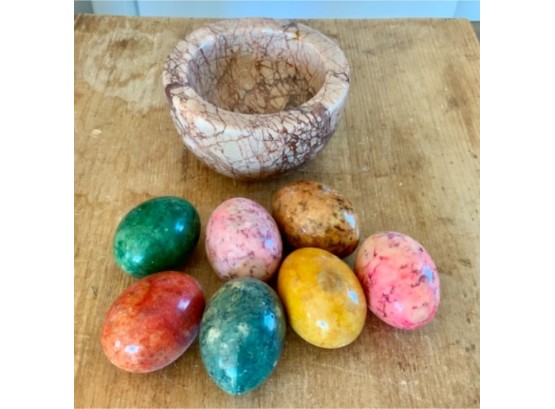 Marble Bowl ~ R. Romanelli ~ & 7 Marble/Alabaster Eggs