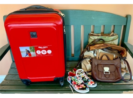 Red Delsey Carry On Suitcase  ~ Wheels & Expandable ~ Vans Sneakers & Purses