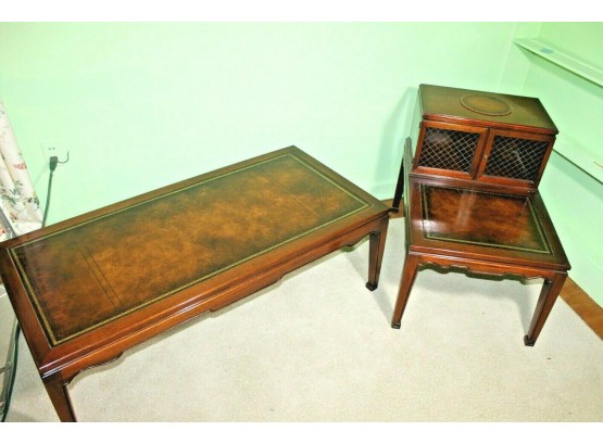 Mid Century Modern Cherry Wood Weiman Heirloom Quality Coffee Table & 2 Tier Side Table W/ Faux Leather Top