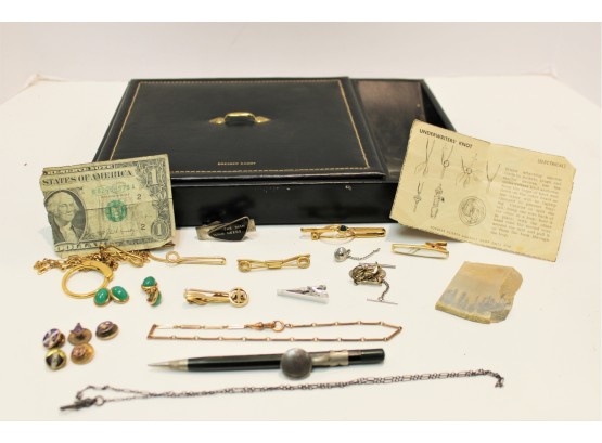 Vintage Contents Of Man's Dresser Jewelry Box, Tie Tacks, Masonic Pins, Fossil And More!!!