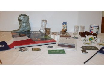 Texas Collection Including Frankoma 459 Ashtray, Shot Glasses, Tile, Book, Mug, Boots, Flags, Tea Set & More
