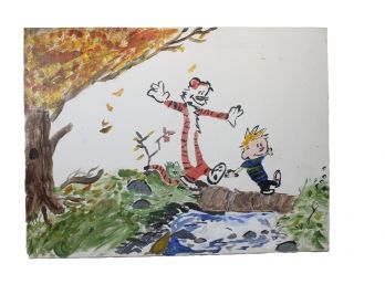 Unframed Oil On Canvas Of Calvin & Hobbes - Unsigned