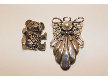 Two Vintage Sterling Silver Pins - Angel & Teddy Bear