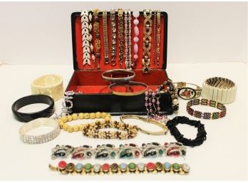 Assortment Of Vintage & Current Ladies Bracelets Of All Types & Hand Painted Jewelry Box