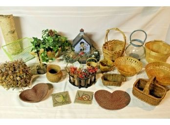 Lot Of Decorative Baskets And Bonus Bird House With Cardinal's