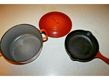2 Le Creuset Flame Orange Cast Iron - 8.5' Dutch Oven With Lid & Double Pour 7.5' Skillet #20 - Made In France