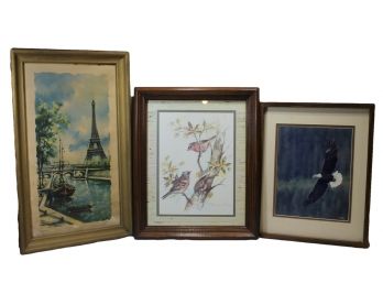 Group Of 3 Art Prints Including  Birds, Eagle Which Is Signed, And Eiffel Tower