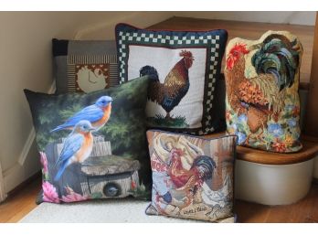 Mixed Lot Of 5 Decorative Throw Pillows - Mostly Roosters With One Duck Pillow And One Bird Pillow