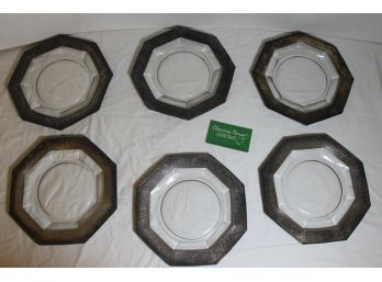 Set Of 6 Vintage 8'octagonal Silver Or Silver Plate And Glass Dinner/dessert Plates