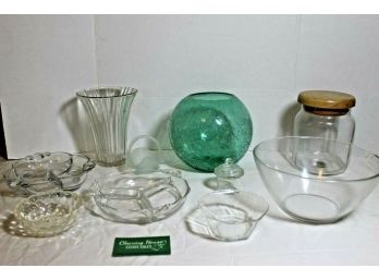 Mixed Lot Of 10 Crystal & Glass Housewares With 7' Aquamarine Crackle Glass, 7' Bud Vase, 9' Glass Bowl Etc.