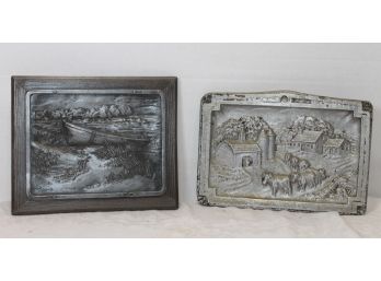 Vintage Pair Of Aluminum Cast Scenes By Spindrift Casting Company Rural Farm Scene & Anchored Row Boat