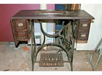 Antique New Home Treadle Sewing Machine Base With 4 Wood Drawers & Toof's Attachments