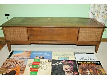 1950's Mid Century Console Radio By G.E. With Flip Out Garrard Record Player & Bonus Record Lot