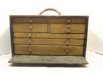 Very Nice Antique 8 Drawer Wood Machinist Toolbox Full Of Tools - Comes With Locking Key