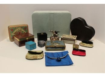 Assortment Of Jewelry & Trinket Boxes, Satin Pouches, Music Box