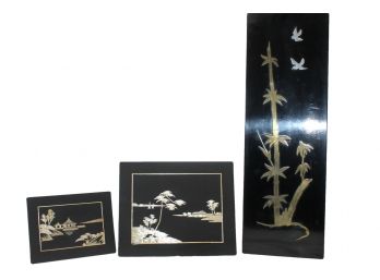 Set Of 3 Asian Themed Artwork Including Brass Inlaid On Wood (made In Korea) & Two Embossed Prints