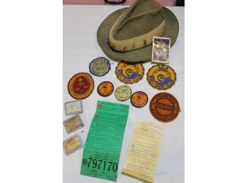 Great Vintage Lot Of Quality Fly Fishing Lures, 71/8 Stetson Hat, 1940's Patches, Pins & Angling License's Etc