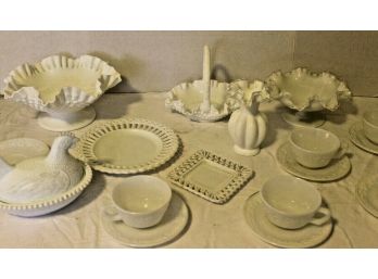 Milk Glass Collection Tea Cups, Ruffled Hobnail Candy/Fruit Bowls, Decorative Plates, Biscuit Dishes, Rooster