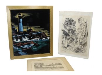 Set Of Three Landscapes Including, Black Velvet Lighthouse, New Orleans Sketch Etc.